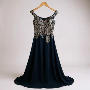 Betsy & Adam Navy Blue Gold Sequin Embroidered Gown ‎ Size 2 Sweetheart V-Back thumbnail 3