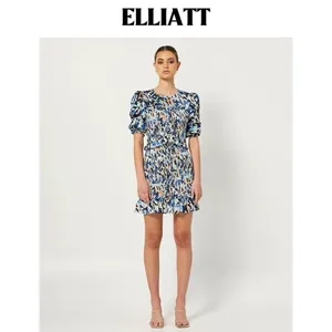 Elliatt Incubus Smocked Short Sleeve Mini Dress in Blue Multi Size Small NWT thumbnail 2