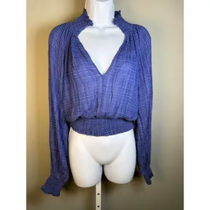 Free People‎ FP One Smocked Gauze Boho Blouse S V-Neck Blouson Long Sleeve thumbnail 2
