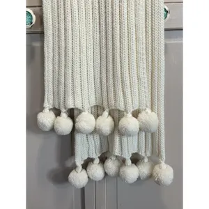 Moda Int Knit Cream Long Scarf Pom‎ Poms Soft Warm Winter Thick Wide thumbnail 2