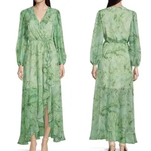 Alex Marie NWT Maxi Dress Green Palm Leaf Print Long Sleeve Faux Wrap Size‎ 24 thumbnail 2