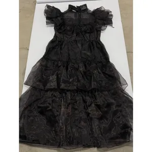 Wednesday Addams Gothic Tiered Maxi Dress Black Sheer Organza Ruffle Gown broken thumbnail 6