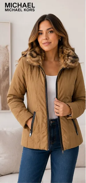 MICHAEL Michael Kors Quilted Puffer Jacket with Faux-Fur Collar in Camel/Tan thumbnail 1