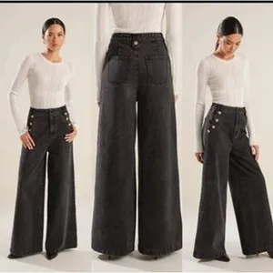 Freemarket Women Black Wide Leg Sailor Jeans Gold Button High Waist Small thumbnail 2