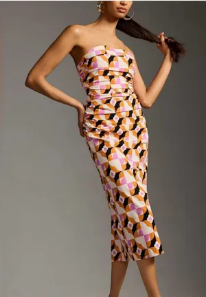 By Anthropologie Printed Strapless Slim Ruched Geometric Midi Dress thumbnail 1