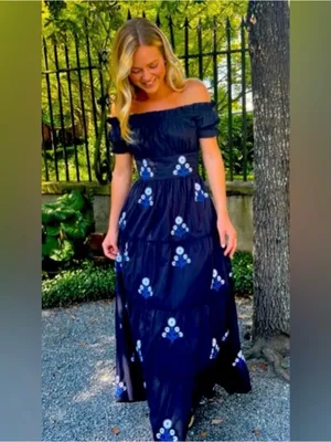 Madison Matthews Navy floral Maxi tiered long Dress short puff sleeves size XS thumbnail 6