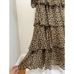 Entro Leopard Print Smocked Tiered Midi Dress SzL thumbnail 4