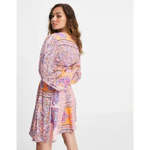 Free People Mixin' It Up Mini Dress XS Pink Orange Paisley V-Neck Boho Hippie thumbnail 11