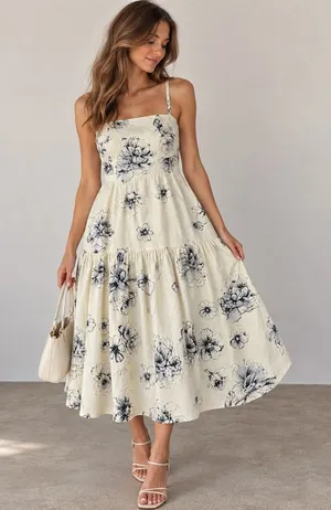 Express Womens Floral Tiered Midi Party Date Dress Cream Navy Blue Size L NWT thumbnail 1