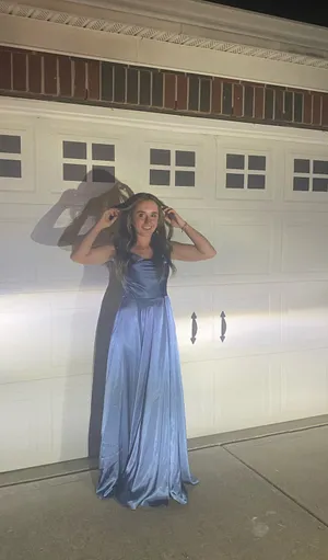 Blue satin prom dress with pockets thumbnail 2