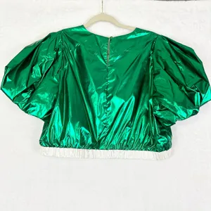 Queen of Sparkles Metallic Iridescent Puff Sleeve Crop Top Size Large Green NWOT thumbnail 2
