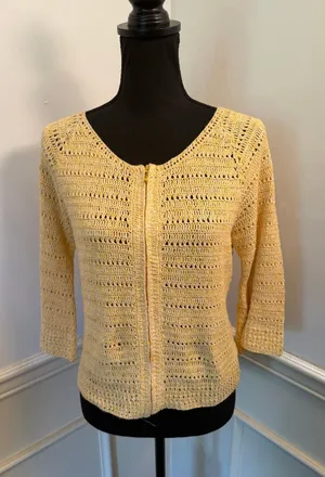Vintage David Brooks Open Knit Crocheted Zip-Front Yellow Cardigan Sweater Boho thumbnail 1