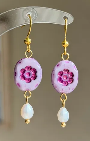 Handmade quality floral Czech glass beads & freshwater pearls fairy chic cottage dangle earrings 💐💜 thumbnail 1
