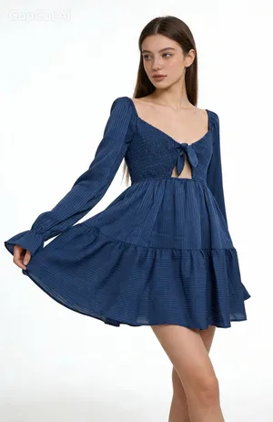 Le Lis Blue Smocked Babydoll Mini Dress Tie Front Boho size M thumbnail 1