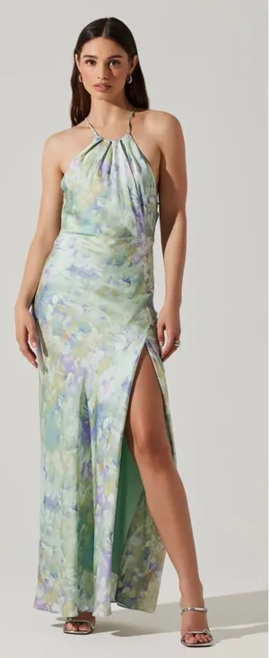 ASTR the Label Elynor Watercolor Halter Maxi Dress Medium Pastel Wedding Guest thumbnail 1