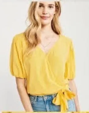 Abercrombie & Fitch Yellow Puff Sleeve Wrap Top V-Neck Side Tie Blouse XXS NEW thumbnail 1