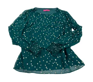 Lilly Pulitzer Green Silk Gold Metallic Polka Dot Smocked Cuff Blouse Top 07109 thumbnail 1