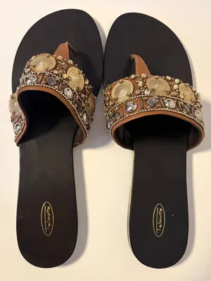 Talbots Beaded Embellished Jewel Flat Thong Sandals Brown Gold Silver Womens 9 thumbnail 3