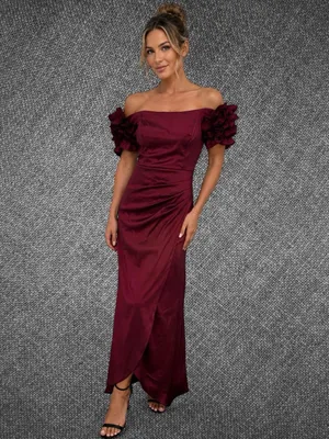 Xscape Burgundy Off Shoulder Ruffle Sleeve Ruched Formal Gown Size 10P thumbnail 3