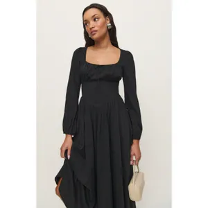 Reformation Oria Organic Cotton Long Sleeve Shirred V-Waist Scoop Midi Dress 0 thumbnail 4