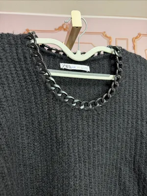 Zara Black Chunky Knit Sweater Chain Trim Neckline Long Sleeve Pullover. Size S thumbnail 3