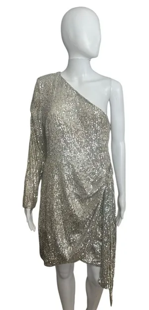 Gianni Bini Metallic Silver One-Shoulder Dress 12 thumbnail 1
