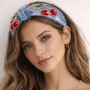 Embellished Denim Headband with Cherry Design NEW Blue thumbnail 7