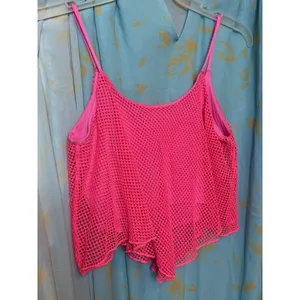 VTG Y2K Hot Pink Spaghetti Strap Net With Built In Undershirt Crop Top Sz S thumbnail 2