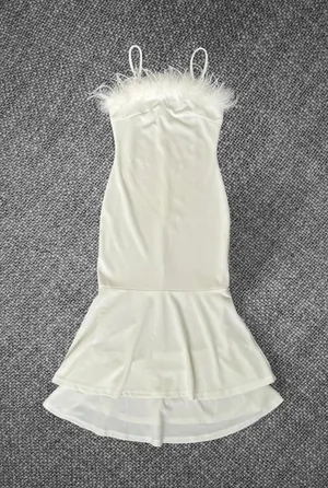 SHEIN White Feather Trim Mermaid Midi Dress XS Spaghetti Strap Party Dress thumbnail 1