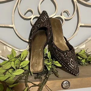 Qupid Pointed Toe Beaded Slip On Brown Shoes Kitten Heel Aztec Western Womens 7 thumbnail 8