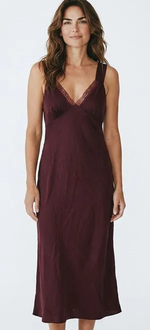 Wayf M burgundy slip dress long maxi lace trim V-neck Satin Ox Blood Women thumbnail 1