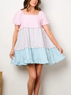 BiBi Cute Pink Pastel Stripe Ruffle Tier Puff Sleeve Babydoll Summer Dress Sz XL thumbnail 2