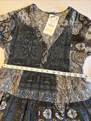 NEW! ZARA Black Gray Paisley Tiered Mini Dress SMALL Semi Sheer Balloon Sleeves thumbnail 11