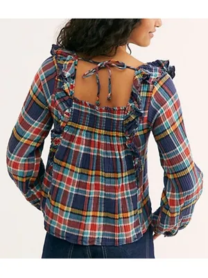 Free People Siena Plaid Pullover Shirt Ruffle Navy Blue Red Size XS Peasant thumbnail 3