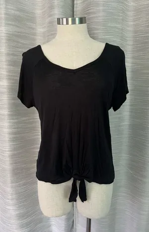 Pink Rose Black Short Sleeve Tie-Front Top thumbnail 1