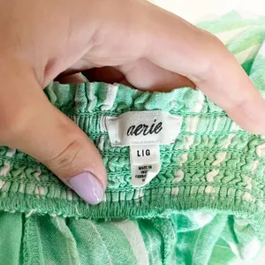 Aerie Linen Blend Striped Pull On Smocked High Waisted Shorts Celebrity Green L thumbnail 6