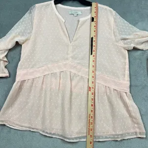 LOFT Women Sz Medium Pale‎ Pink Clip Dot V-Neck Peplum Blouse Sheer Long Sleeve thumbnail 5