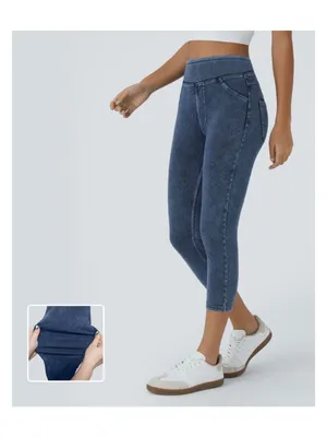 Halara L 7/8 Womens Stretchy Denim-Look High-Waisted Capri Leggings Size L Blue thumbnail 3