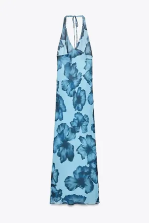 Zara Blue Long Floral Halter Maxi Dress Wedding Party Evening thumbnail 13