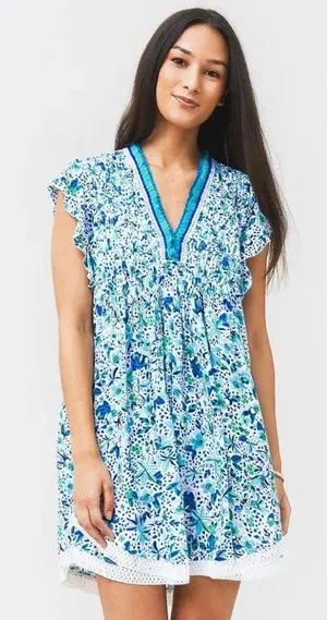 Poupette St Barth Sasha Mini Dress Womens XS Floral Lace Trim Resort Vacation thumbnail 1