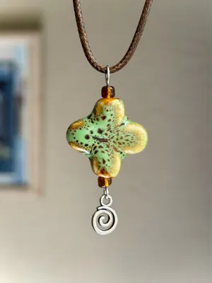 Handmade chunky flower cross ceramic bead cute fairy boho retro necklace🤎 thumbnail 3