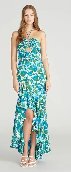 AMUR Blue Green White Edie High Low Tie Neck Floral Gown WOMENS 8 thumbnail 1