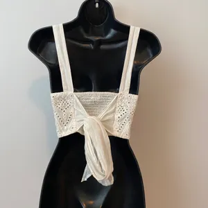 Free People Cotton Boho Coastal Eyelet Smocked Tie Back Crop Top XS Ivory thumbnail 4