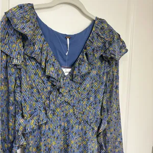 NWT Free People Blue Floral Ruffle Mini Dress Long Bell Sleeves Size 4 thumbnail 3