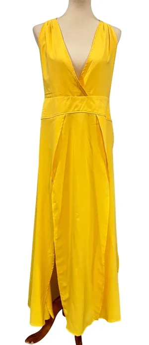 Chicme Butter Yellow Plunge Neck Maxi Dress Beach Cover Up Front Slits, Size L thumbnail 1