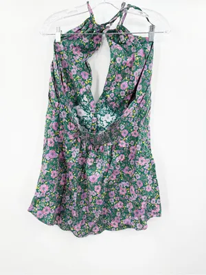 Free People Lyla Floral Halter Tunic Blouse Size Large‎ Women's Green Balsam thumbnail 2