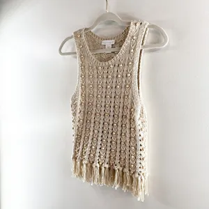 House of Harlow Wood Bead Beaded Fringe Hem Crochet Tank Top Tan XS thumbnail 5