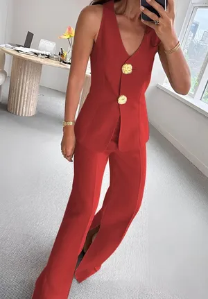 Commense Button Split Sleeveless Pants Set size Medium Red thumbnail 1