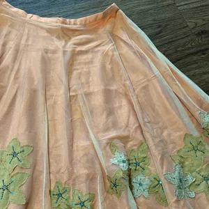 Citrine Midi Skirt Mesh Overlay Burlap-Like Leaf Applique Blue Beads Sequins 14 thumbnail 6