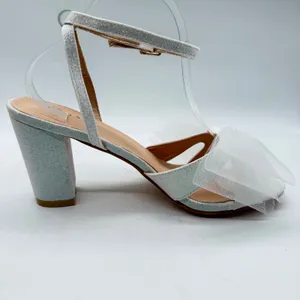 White Glitter Block Heel Sandals with Oversized Tulle Bow Ankle Strap Size 9.5 thumbnail 3